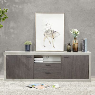 Pletora TV Unit with storage up to 75 inches - Cement Grey / Dark Oak