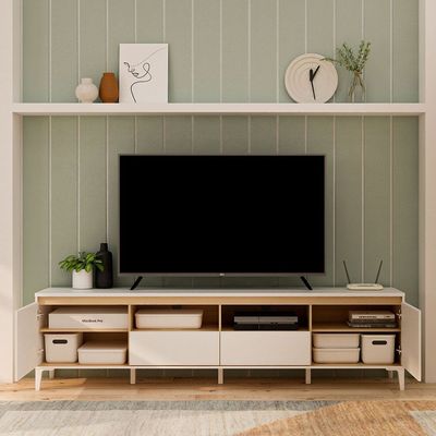 Estonia TV Unit with 2 Doors & 2 Cabinets - Up to 60 Inches - White/Oak - With 2-Year Warranty