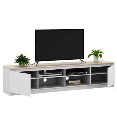 Guyana TV Unit with 2 Doors & Shelves - Up to 80 Inches - White/Oak - With 2-Year Warranty