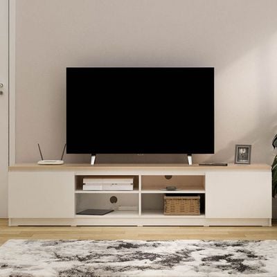 Guyana TV Unit with 2 Doors & Shelves - Up to 80 Inches - White/Oak - With 2-Year Warranty