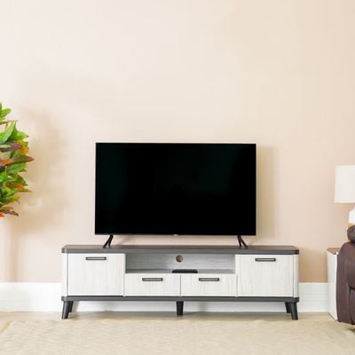 Kirwin TV Unit with 2 Drawers & 2 Doors - Up To 70 Inches - Grey Oak/Black - With 2-Year Warranty