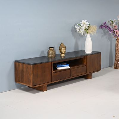 York 2 Door & 2 Drawer Marble Top Tv Unit Up To 75 Inch  -Black/Walnut