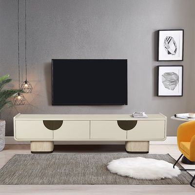 Oru Tempered Glass Top Tv Unit W/ 4 Doors Up To 80 Inch - Cream/Beige