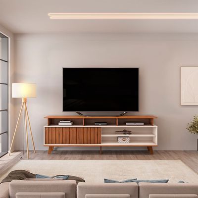 Neeson Tv Unit  With Sliding Door And Open Shelves Up To 70 Inch - Brown/Beige