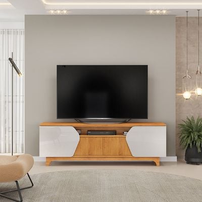 Sannie Tv Unit  With 2 Swing Doors & 2 Sliding Doors  Up To 75 Inch - Brown Oak/Beige