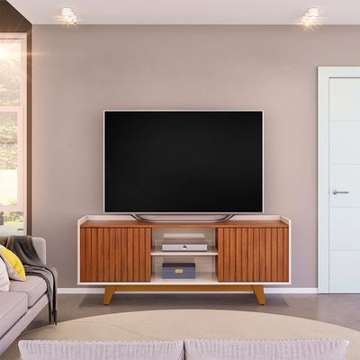 Neeson Tv Unit  With 2 Sliding Doors And Open Shelves Up To 60 Inch - Brown/Beige