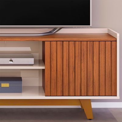 Neeson Tv Unit  With 2 Sliding Doors And Open Shelves Up To 60 Inch - Brown/Beige