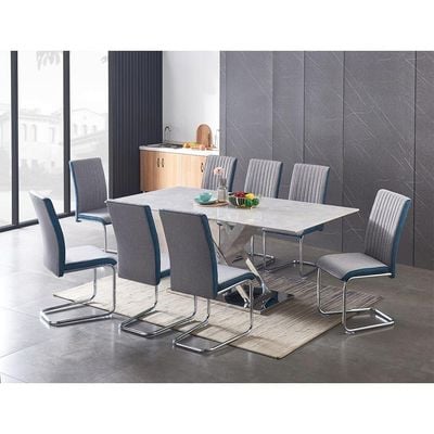 Delmon 1+8 Dining Set-Marble Glass / Light Grey