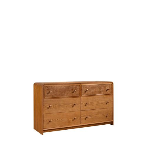 Rita 6-Drawer Dresser with Natural Rattan- Oak/Rattan – With 2-Year Warranty