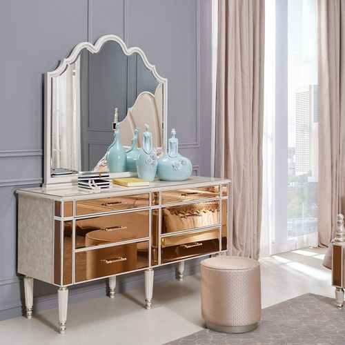 Avniel Dresser with Mirror and Stool - Teak Mirror/Champagne - With 2-Year Warranty
