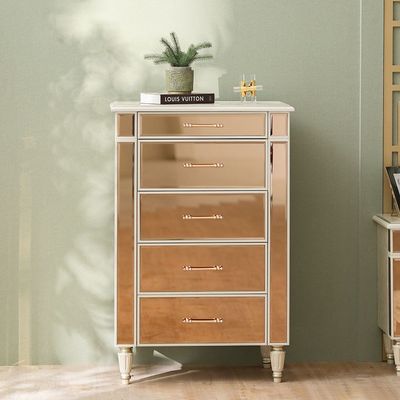 Avniel Chest of 5 Drawers with Top Mirror & Jewelry Storage - Teak Mirror/Champagne - With 2-Year Warranty