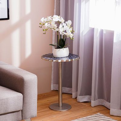 Florian Round Metal End Table - Blue/Brushed Silver - With 2-Year Warranty