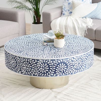 Optical Solid Wood Round Coffee Table - Blue/Silver - With 2-Year Warranty