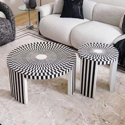 Ikat Solid Wood Coffee Table + End Table - Set of 2 - Black/White - With 2-Year Warranty