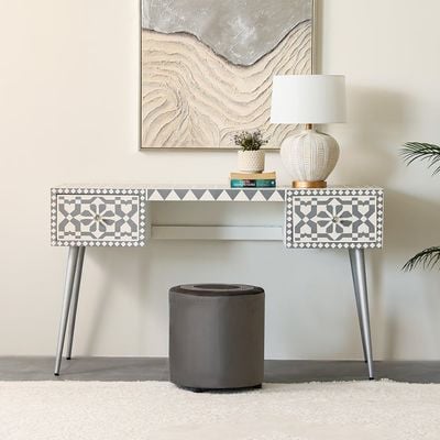 Prana Solid Wood Console/Desk with 2 Drawers - Grey/Silver - With 2-Year Warranty