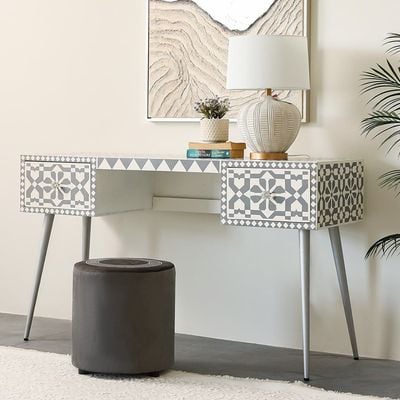 Prana Solid Wood Console/Desk with 2 Drawers - Grey/Silver - With 2-Year Warranty