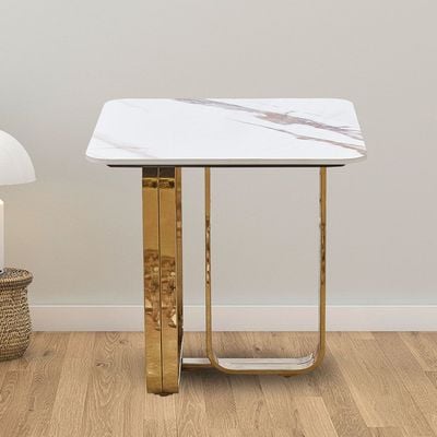 Karson Sintered Stone End Table - White/Gold - With 2-Year Warranty