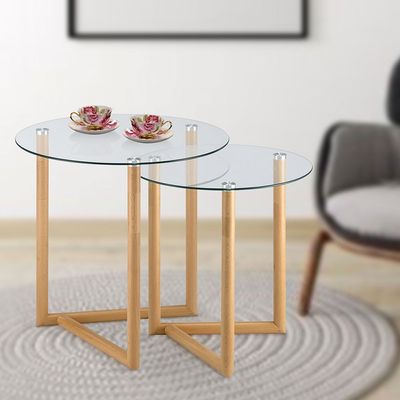 Bryner Glass Nesting Table - Set of 2 - Natural Oak - With 2-Year Warranty