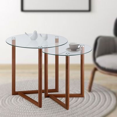 Bryner Glass Nesting Table - Set of 2 - Walnut - With 2-Year Warranty
