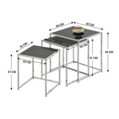 طاولة متداخلة من زجاج جورلي - طقم من 3 قطع - كروم/زجاج أسود - مع ضمان لمدة عامين