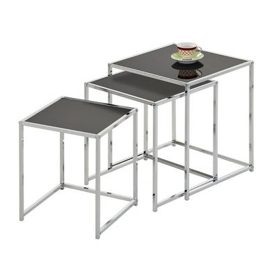Jorley Glass Nesting Table - Set of 3 - Chrome/Black Glass - With 2-Year Warranty