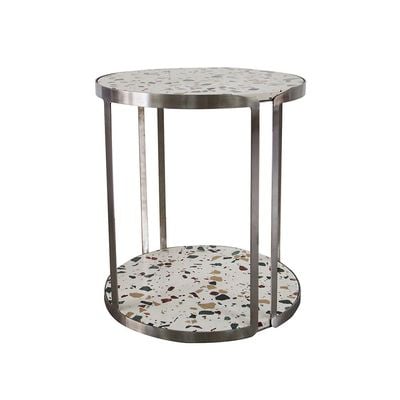 Venveto Round End Table - Silver/White Pattern - With 2-Year Warranty