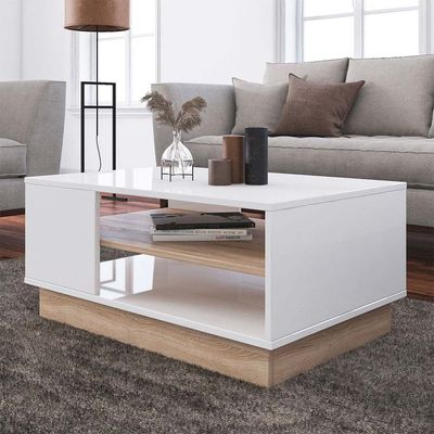 Camillo Centre Table - High Gloss White/Light Oak - With 2-Year Warranty