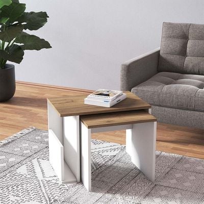 Prugia Nest of Tables - Set of 2 - High Gloss White/Walnut - With 2-Year Warranty