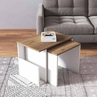 Prugia Nest of Tables - Set of 2 - High Gloss White/Walnut - With 2-Year Warranty