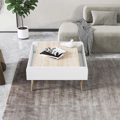 Prugia Square Coffee Table - High Gloss White/Light Oak - With 2-Year Warranty