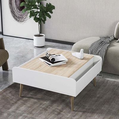 Prugia Square Coffee Table - High Gloss White/Light Oak - With 2-Year Warranty