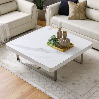 Monarch Square Coffee Table - White/Brushed Silver - With 2-Year Warranty