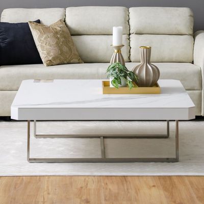 Monarch Square Coffee Table - White/Brushed Silver - With 2-Year Warranty