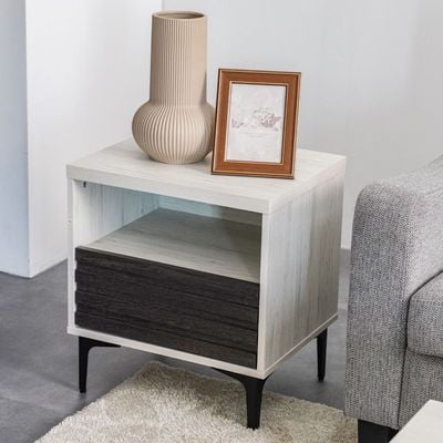 Nicosia End Table with Storage - White Oak/Black - With 2-Year Warranty