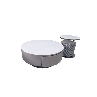 Velarion Round Coffee Table with Stool - Set of 2 - White/Grey - With 2-Year Warranty