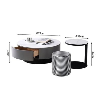 Velarion Set of 2 Round Coffee Table w/  Stool - White / Grey