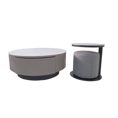 Velarion Set of 2 Round Coffee Table w/  Stool - White / Grey