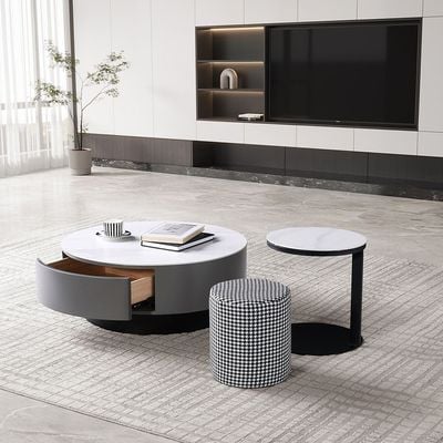 Velarion Round Coffee Table with Stool - Set of 2 - White/Grey - With 2-Year Warranty