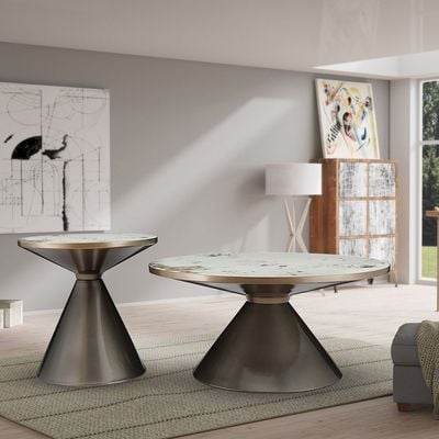 Redley Set of 2 Round Coffee Table  - White / Gunmetal Black