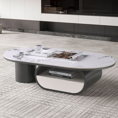 Ramsy Round Centre Table w/ Drawer  - White/Gunmetal  Black