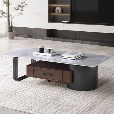 Dustin Coffee Table with Drawer - Light Grey/Gunmetal Black - With 2-Year Warranty