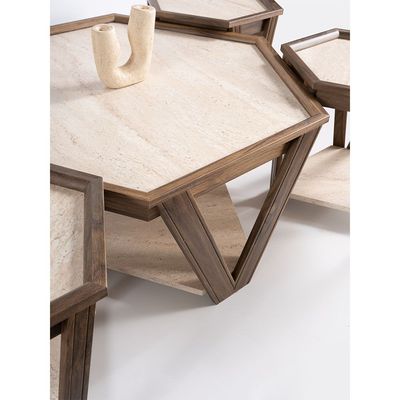 Kamile Hexagonal 4+ 1 Coffee Table Set - Cream/Walnut