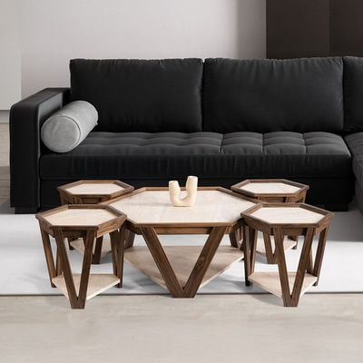 Kamile Hexagonal 4+ 1 Coffee Table Set - Cream/Walnut