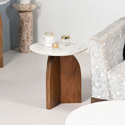 Camelle Round Marble Top End Table   -White/Brown