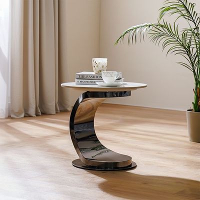 Princetown Sintered Stone Top Round End Table-White/Black Titanium