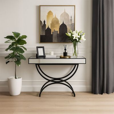 String Console Table With Metal Base- Silver/Black