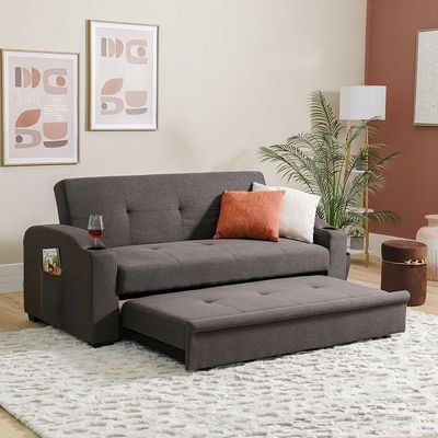 Alejandro 3-Seater Fabric Sofa Bed with Side Sleeves and Cup holders - Dark Brown - With 2-Year Warranty