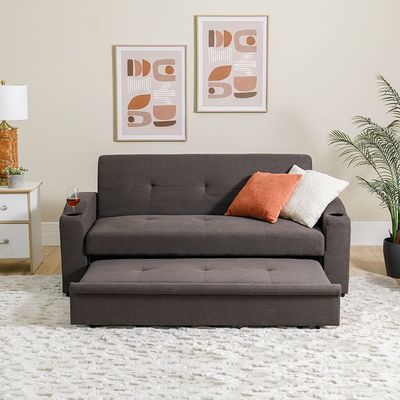 Alejandro 3-Seater Fabric Sofa Bed with Side Sleeves and Cup holders - Dark Brown - With 2-Year Warranty