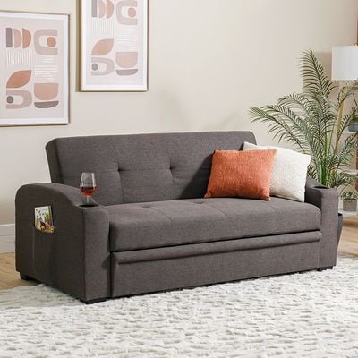 Alejandro 3-Seater Fabric Sofa Bed with Side Sleeves and Cup holders - Dark Brown - With 2-Year Warranty