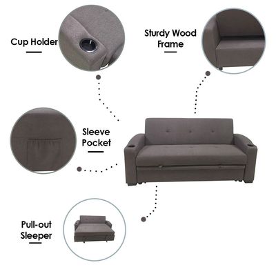 Alejandro 3-Seater Fabric Sofa Bed with Side Sleeves and Cup holders - Dark Brown - With 2-Year Warranty